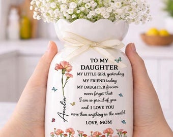 Jarrón "Mi pequeña niña ayer, hija para siempre", regalo floral personalizado en acuarela de mamá, jarrón de cerámica con nombre personalizado, cumpleaños de la hija.