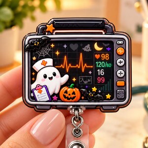 Telemetry Nurse Badge Reel, 3D Raised Acrylic Patient Monitor ID Holder, Halloween Cardiac Nurse Gift, Spooky Hospital Coworker Badge Clip