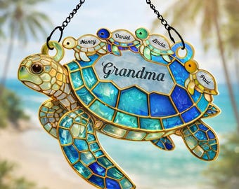 Atrapasueños personalizado con forma de familia de tortugas marinas, decoración de ventana acrílica con efecto vitral, regalo personalizado para el Día de la Madre para la abuela con los nombres de los nietos.