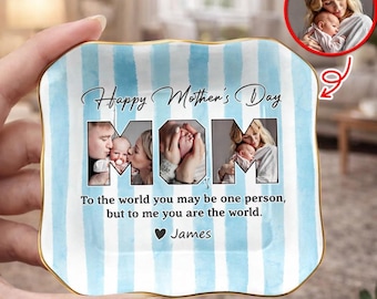 Bandeja para anillos con foto personalizada para mamá, regalo personalizado del Día de la Madre de parte de los hijos, bandeja para joyas con collage de fotos, bandeja para joyas a rayas azules para mamá.