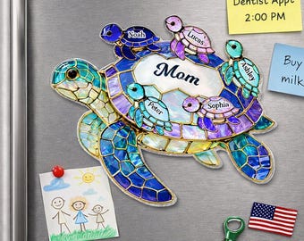 Imán familiar personalizado de tortuga marina con los nombres de los niños, decoración personalizada de vidrieras acrílicas para el refrigerador, regalo del Día de la Madre para mamá y abuela.