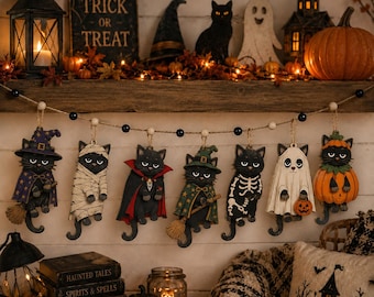 May include: A Halloween garland featuring seven hanging black cat ornaments dressed in various costumes, including a witch, mummy, vampire, wizard, skeleton, ghost, and pumpkin. The cats are suspended from a string with black and white beads.