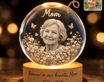 Lámpara de noche de cristal con foto personalizada en memoria de mamá, lámpara de escritorio con foto personalizada, regalo de condolencia para quienes están de duelo, Siempre en nuestros corazones.