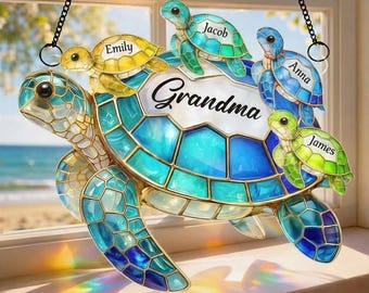 Atrapasueños de tortuga marina personalizado para mamá, decoración colgante de ventana de imitación de vidriera, regalo personalizado del Día de la Madre de parte de los niños con nombres.