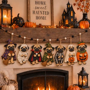 May include: A decorative garland featuring seven wooden pug ornaments dressed in Halloween costumes, including a witch, mummy, vampire, skeleton, ghost, and pumpkin, all suspended from a string with alternating black and white wooden beads.