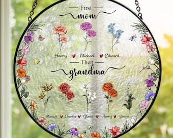Atrapasueños con flores de nacimiento "Primero mamá, luego abuela", adorno personalizado para ventana con nombres de niños y nietos, regalo del Día de la Madre para mamá, vitral.