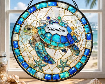 Personalized Sea Turtle Family Suncatcher With Grandkids Names, Faux Stained Glass Window Hanging, Mothers Day Gift For Grandma Mom