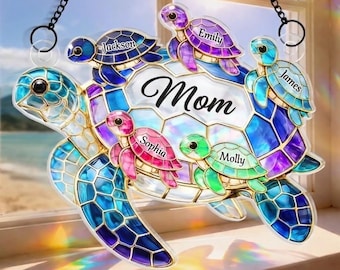 Atrapasueños de tortuga marina personalizado para mamá, adorno colgante de vidriera sintética, regalo personalizado para el Día de la Madre con nombres de niños.