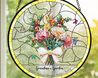 Atrapasueños personalizado para mamá con flores de nacimiento, ramo familiar de vitral sintético para colgar en la ventana, regalo del Día de la Madre para mamá de parte de los niños.