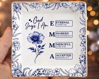 Regalo cristiano para el Día de la Madre para mamá, plato para anillos "Dios dice que soy", bandeja para joyas con acróstico de versículo bíblico personalizado, plato para joyas con estampado floral Toile.