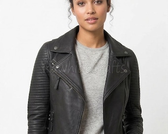 Women Black Leather Biker Jacket Slim Fit Moto Jacket Genuine Leather Zip Up Motorcycle Coat Stylish Fall Winter Outfit Handmade Moto Coat