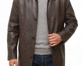 Men’s Brown Long Leather Coat – Classic Button Overcoat