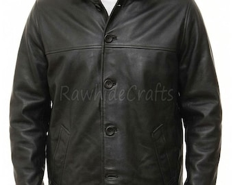 Schwarze Schaffell-Lederjacke für Herren - Klassischer Bomber-Stil mit Reißverschluss vorne