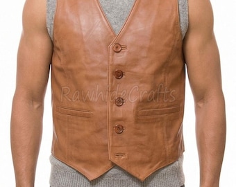 Chaleco de cuero coñac hecho a mano: chaleco estilo western con botones