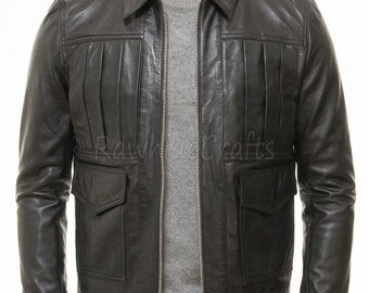 Men's Pleated Black Cowhide Leather Jacket | Vintage Style