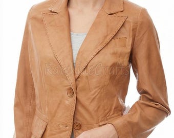 Women's Black Lambskin Leather Blazer - Tailored One-Button Jacket