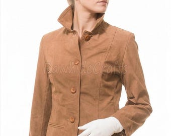 Tan Lambskin Suede Leather Jacket – Women’s Zip Front Coat