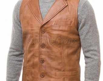 Chaleco de cuero color canela para hombre / Chaleco abotonado hecho a mano / Chaqueta sin mangas de cuero genuino / Ropa formal estilo western