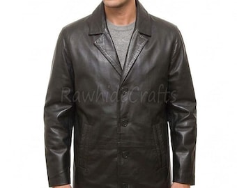 Men’s Black Leather Peacoat | Double-Breasted Military Style Coat | Genuine Cowhide Trench Jacket by WestLeathers