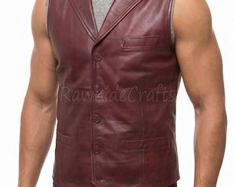 Men’s Burgundy Leather Vest | Handmade Button-Up Waistcoat | Genuine Leather Sleeveless Jacket | Vintage Formal Wear