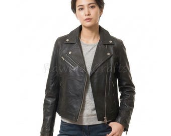 Chaqueta de cuero de cordero estilo motero / Estilo motero asimétrico para mujer