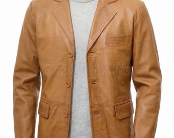 Men’s Handmade Tan Leather Blazer | Cowhide 3-Button Coat
