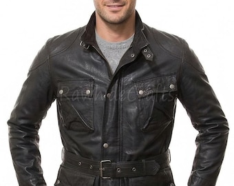 Men’s Black Belted Leather Jacket – Moto Field Style Coat