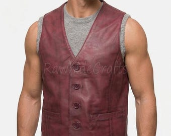 Men’s Burgundy Leather Vest | Handmade Button-Up Waistcoat | Genuine Leather Sleeveless Jacket | Western Formal Wear
