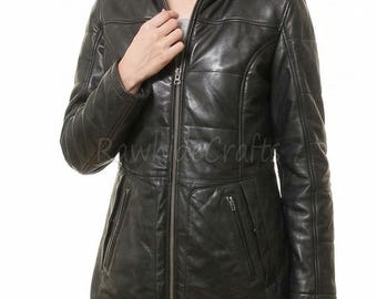 Lambskin Leather Hooded Coat – Women's Long Winter Jacket