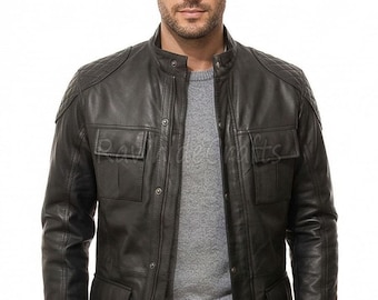 Handmade Lambskin Leather M65 Field Coat: Military Style Black