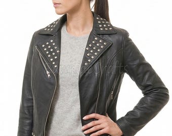 Studded Lambskin Leather Biker Jacket - Women's Rock Style Moto Coat