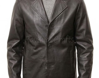 Men’s Black Genuine Leather Blazer – Two-Button Formal Jacket