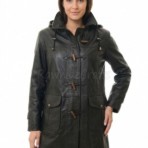 Women's Black Sheepskin Leather Coat – Toggle Button Long Hooded Jacket