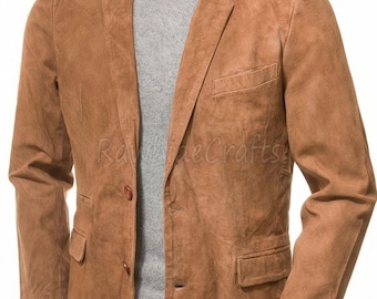 Men's Tan Cow Suede Blazer | Two-Button Soft Leather Jacket