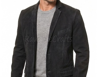 Blazer de ante vacuno negro para hombre / Abrigo clásico de 2 botones hecho a mano
