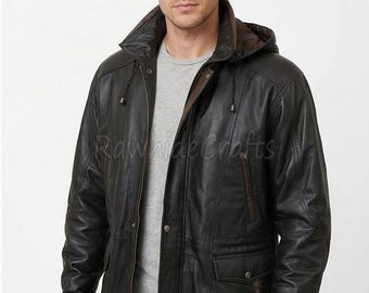 Men’s Black Hooded Leather Jacket – Quilted Moto Style