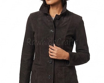 Black Lambskin Suede Leather Jacket – Women's High Collar Zip Coat