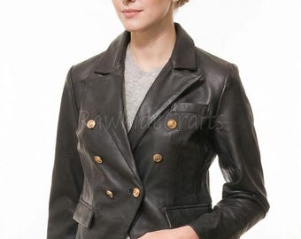 Women’s Black Double-Breasted Leather Blazer | Gold Button Genuine Lambskin Jacket | Elegant Tailored Formal Outerwear