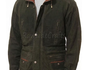 Men's Green Waxed Leather Field Jacket: Vintage Suede Collar Hunting Coat