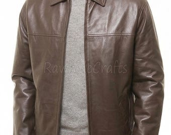 Chaqueta de cuero marrón para hombre / Chaqueta con cremallera de piel de vacuno auténtica / Prenda exterior clásica vintage para motociclista y uso casual