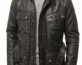 Men’s Black Belted Leather Jacket – Field Moto Style Coat