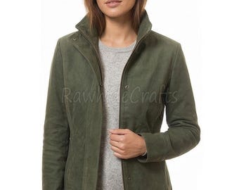 Green Suede Leather Trench Coat | Women's Button Front Outerwear