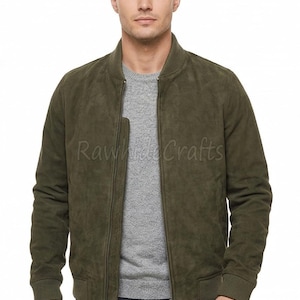 Chaqueta bomber de ante verde oliva para hombre: abrigo de cuero verde hecho a mano