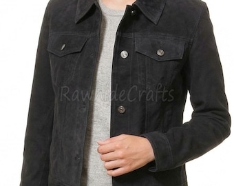 Women’s Black Suede Leather Jacket | Classic Button-Up Trucker Style | Soft Genuine Suede Casual Outerwear