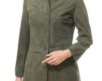 Olive Green Suede Leather Jacket – Lambskin Zip-Front Coat