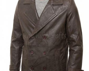 Men's Brown Sheepskin Leather Peacoat: Handmade Double Breasted Winter Coat