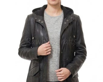 Abrigo largo de piel auténtica negra para mujer: chaqueta de invierno con capucha y cuello de piel sintética