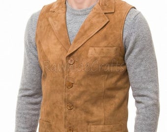 Chaleco de ante tostado hecho a mano: chaleco de cuero estilo western para hombre