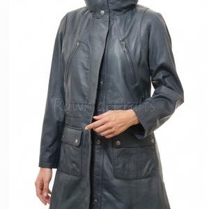 Women's Blue Sheepskin Leather Coat – Long Zip Front Jacket with Multiple Pockets