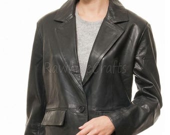 Blazer feminino preto em couro | Jaqueta de um botão em pele de cordeiro genuína | Casaco clássico de alfaiataria para o escritório e ocasiões casuais